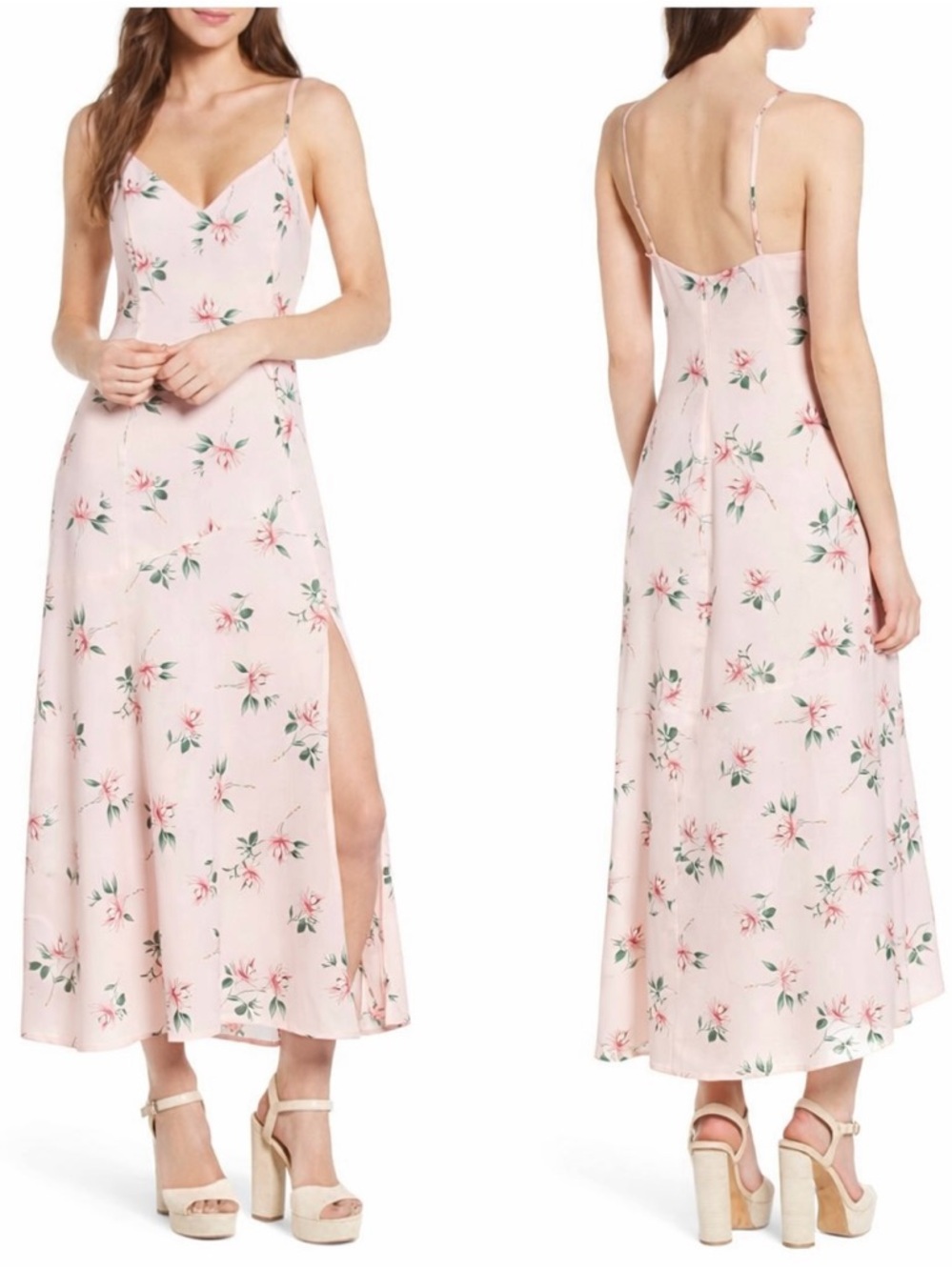 Lush Blush Pink Floral Slip Slit Midi Maxi Dress Summer Coquette Resort